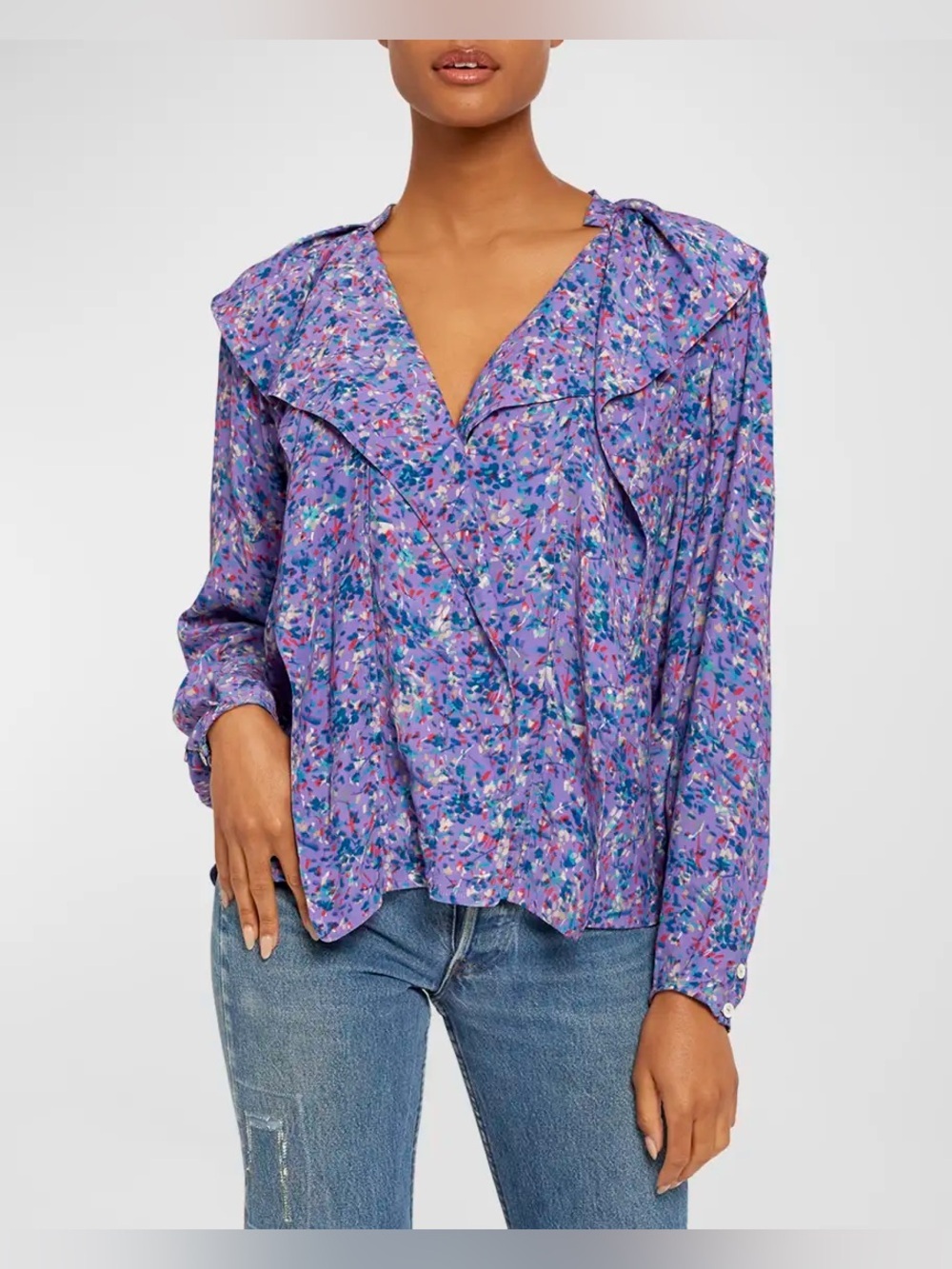 Joie • NWOT $248 USD Purple Floral Ruffle V-Neck Blouse PTP 25”